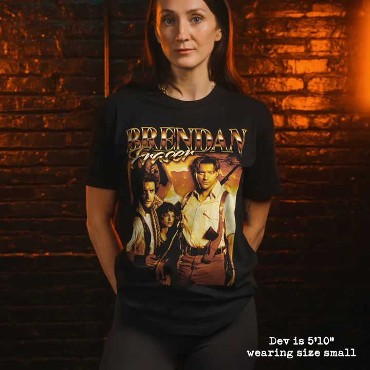 Model wearing black premium tee with brendan fraser graphic 