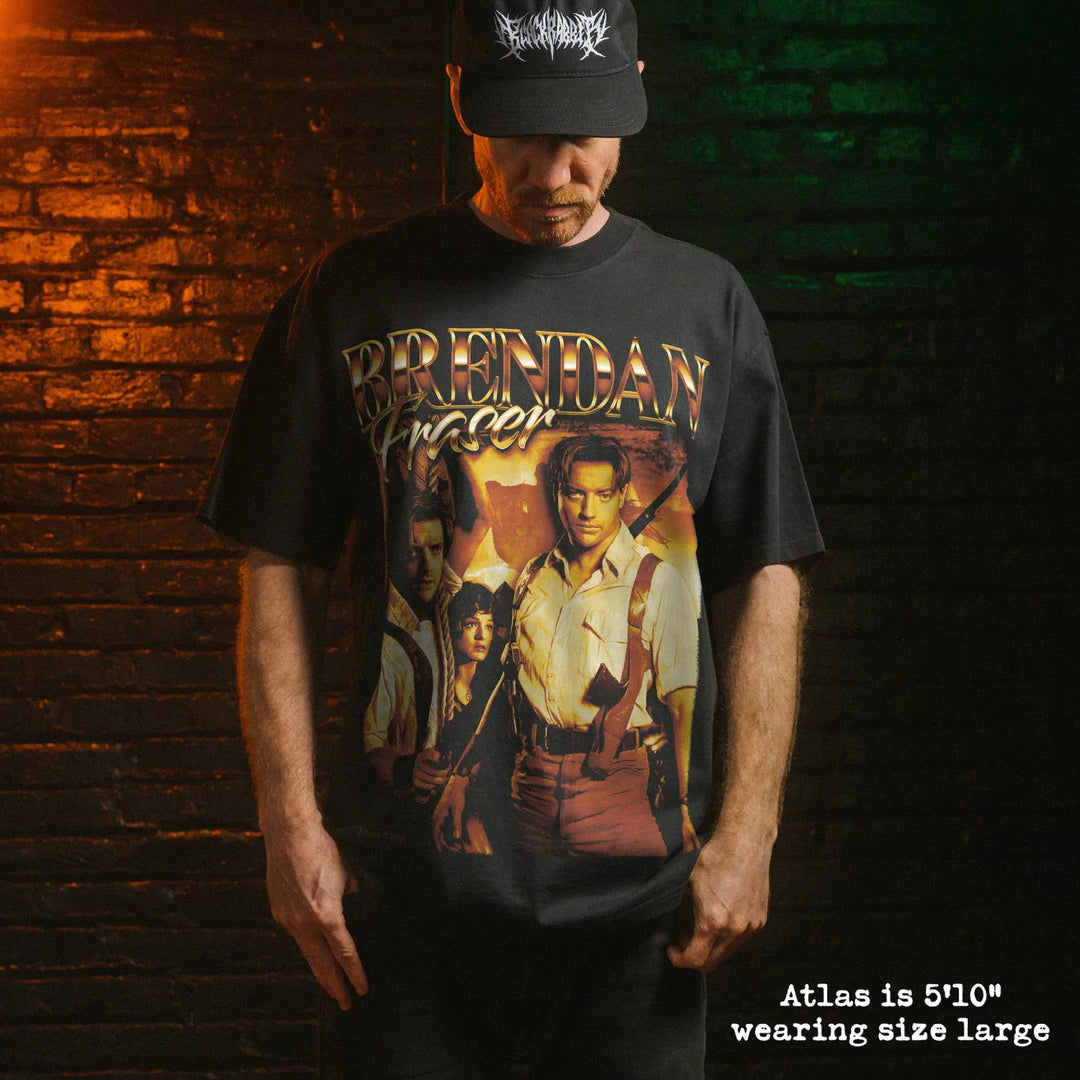 Model wearing heavy tee with brendan fraser graphic 