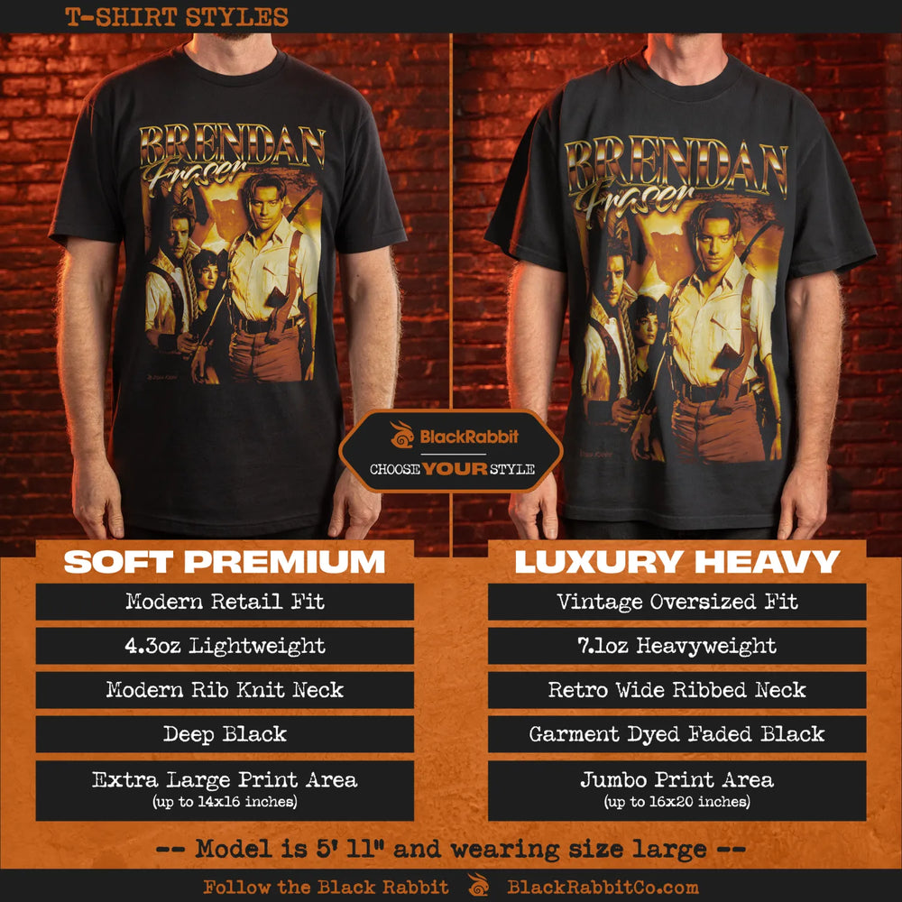 Two black t-shirts with a ’Brendan Fraser’ graphic print, featuring different fits and fabric weights.
