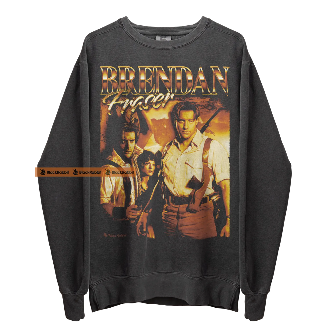 Gray sweatshirt with Brendan Fraser graphic.