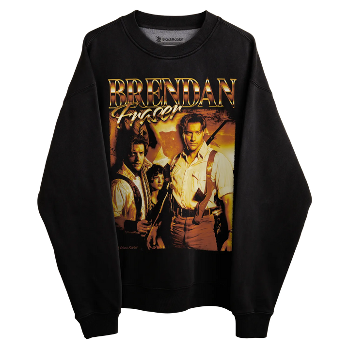 Black crewneck sweatshirt with brendan fraser graphic design.
