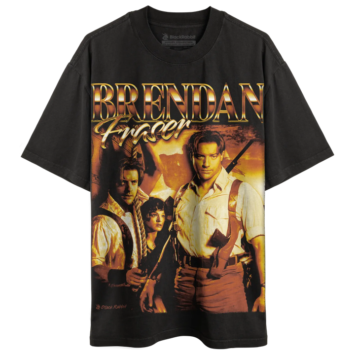 Black t-shirt with a graphic print featuring Brendan Fraser.