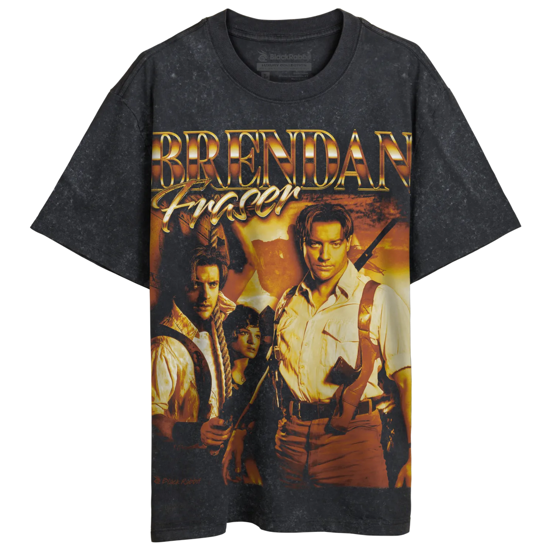 Dark gray t-shirt with a graphic print featuring Brendan Fraser.