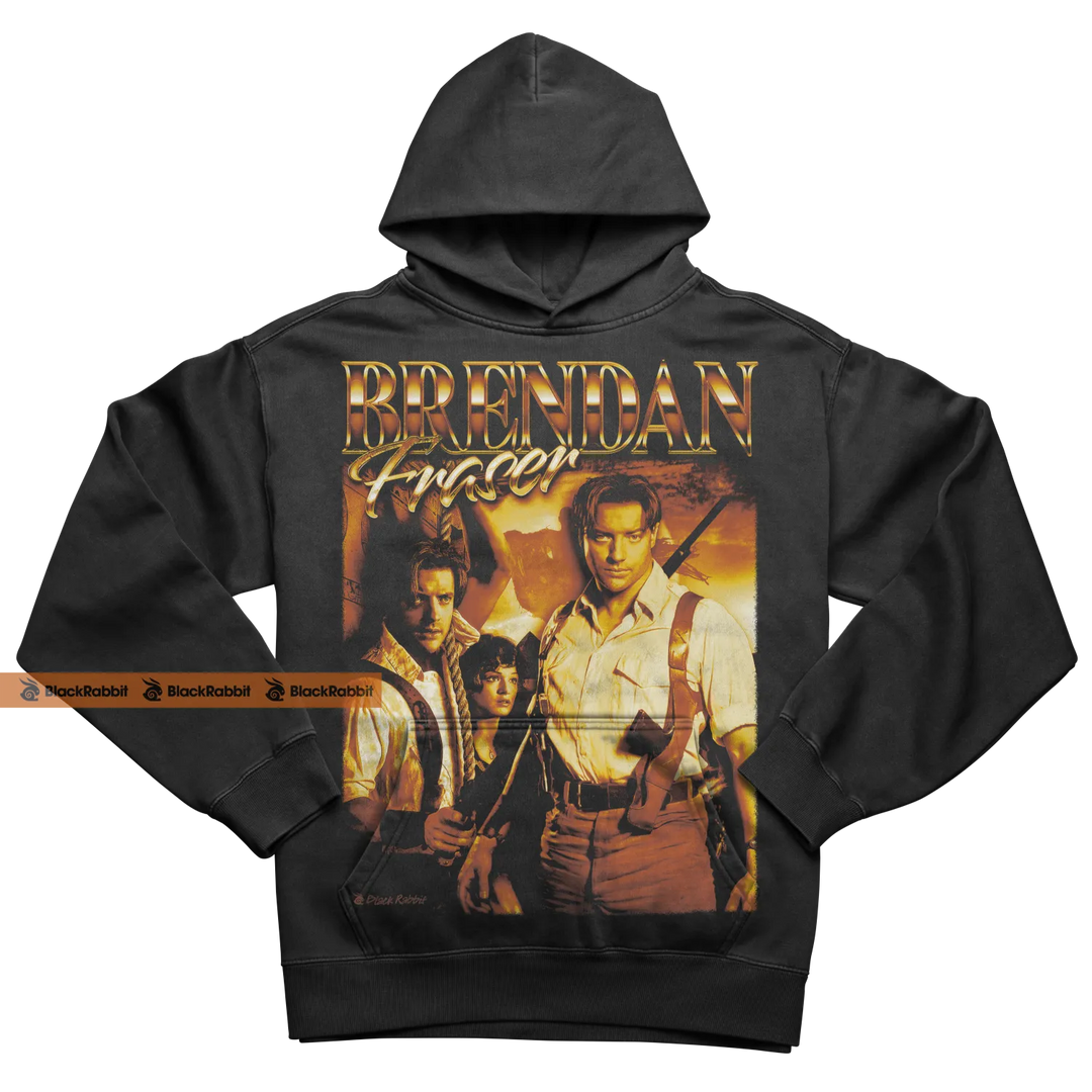 Black hoodie with Brendan Fraser graphic.