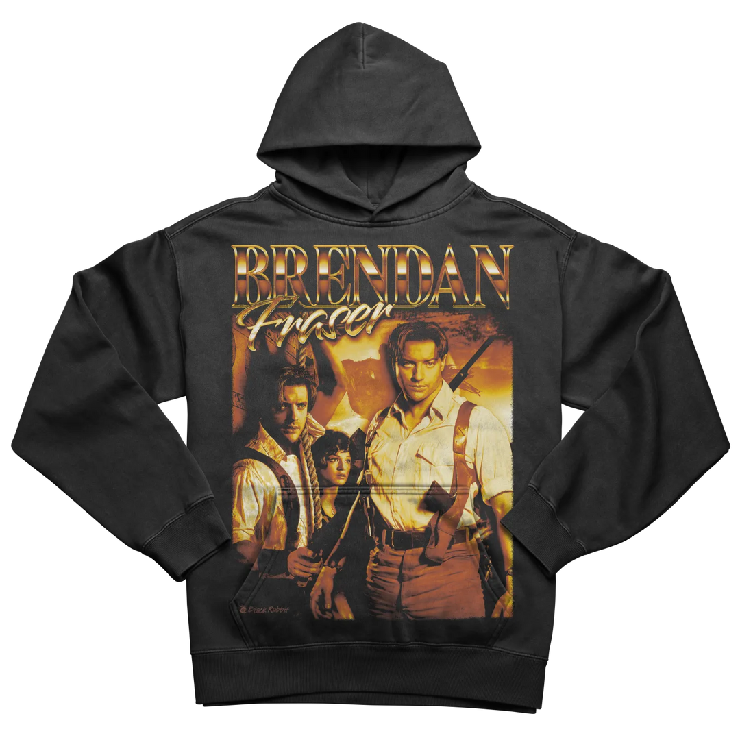 Black hooded sweatshirt featuring a vintage-style graphic of Brendan Fraser.