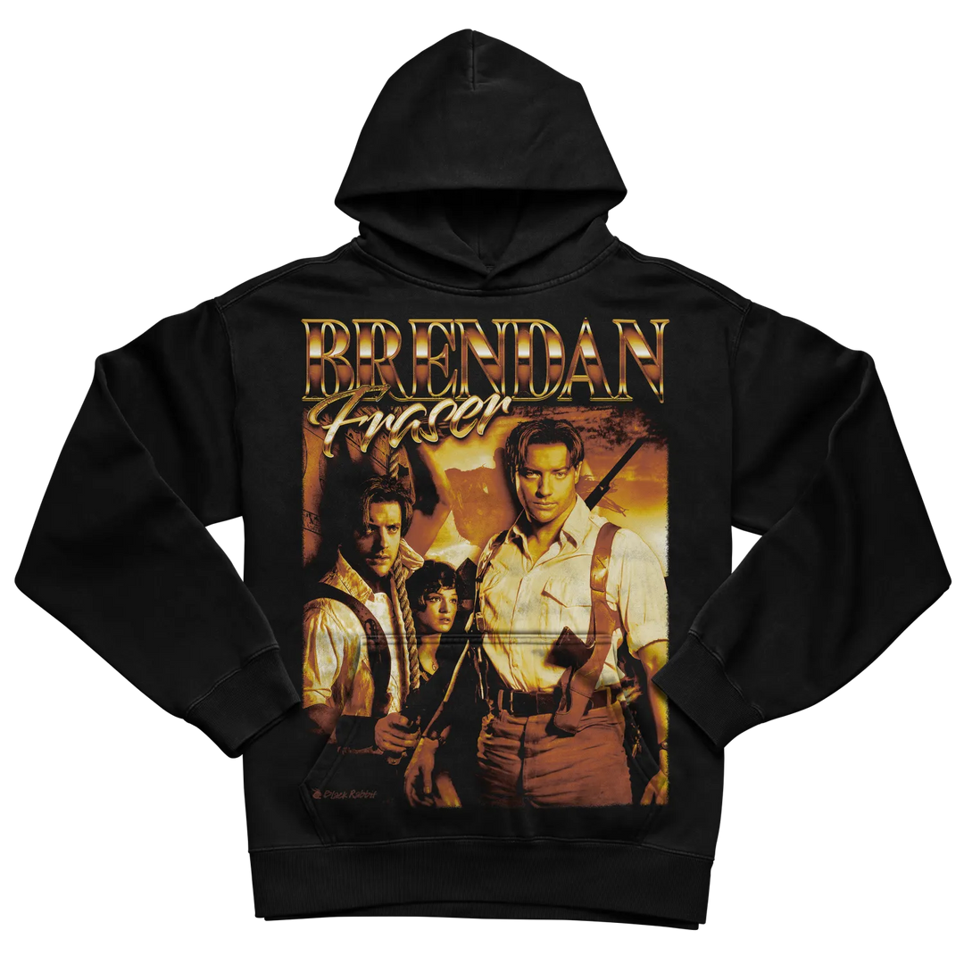 Black hoodie with ’brendan fraser’ graphic design featuring characters from the movie ’the mummy.’
