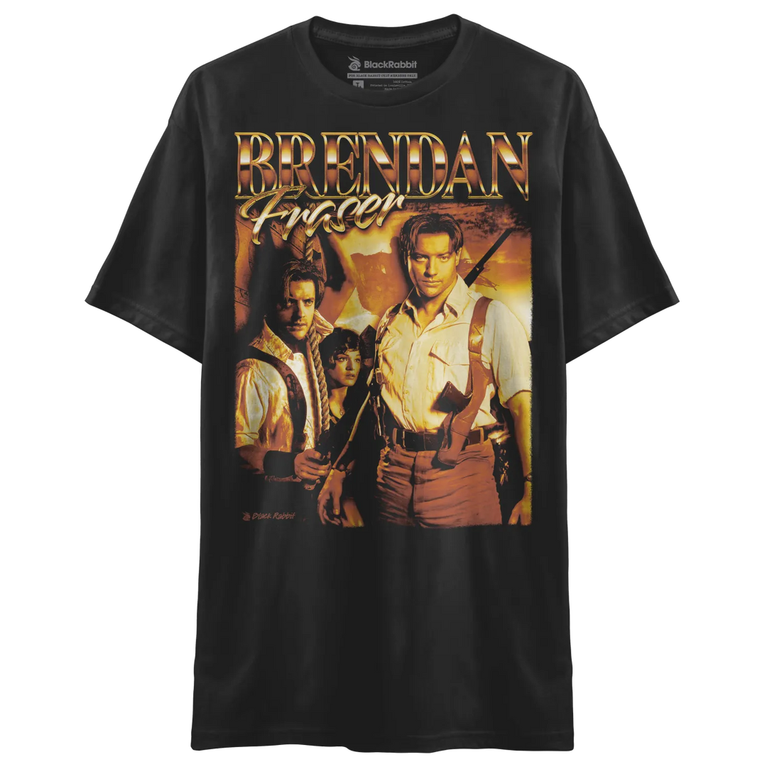 Black t-shirt with a vintage-style graphic print featuring Brendan Fraser.