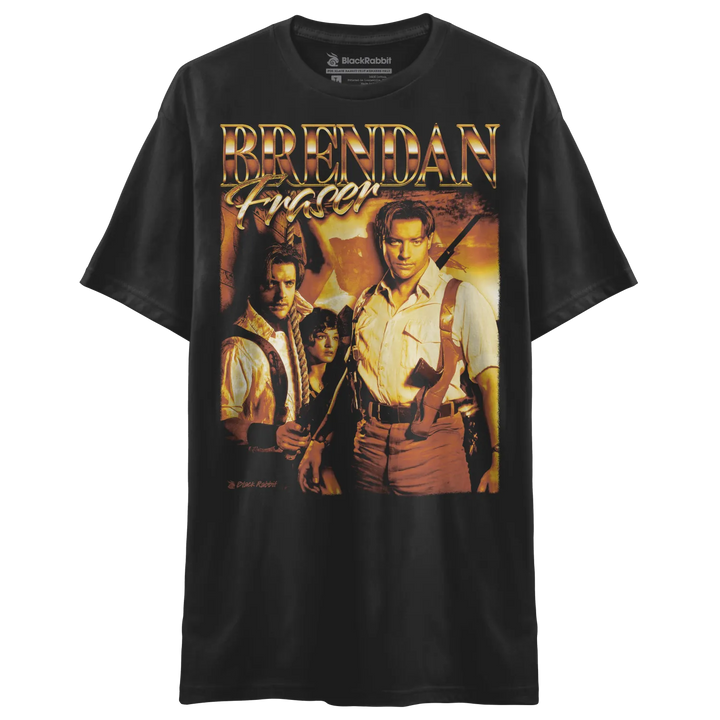 Black t-shirt with a vintage-style graphic print featuring Brendan Fraser.