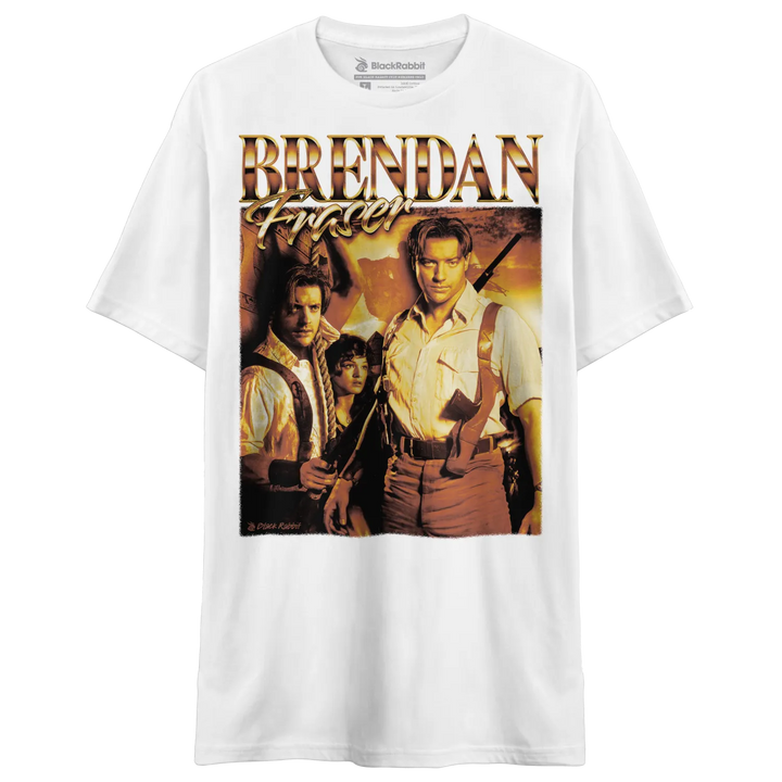 White t-shirt with a vintage-style graphic of Brendan Fraser and other characters from ’The Mummy’ movie.