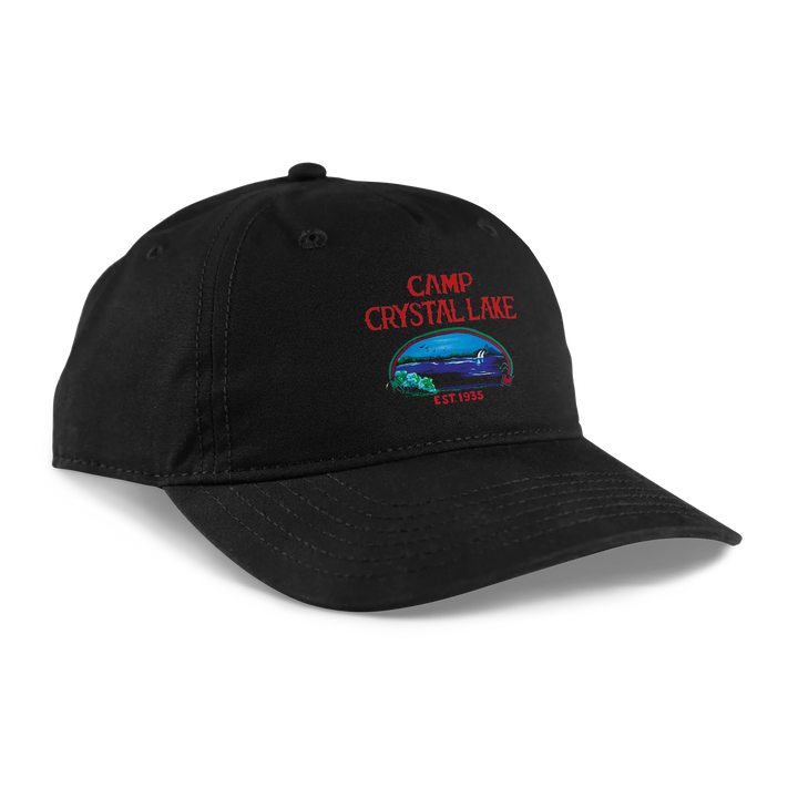 Black baseball cap featuring embroidered ’camp crystal lake’ logo with red text and a colorful depiction of a lake scene.