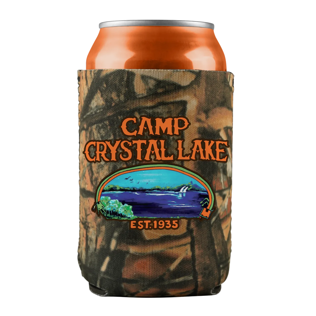 Camo-patterned can koozie with a ’Camp Crystal Lake’ design.