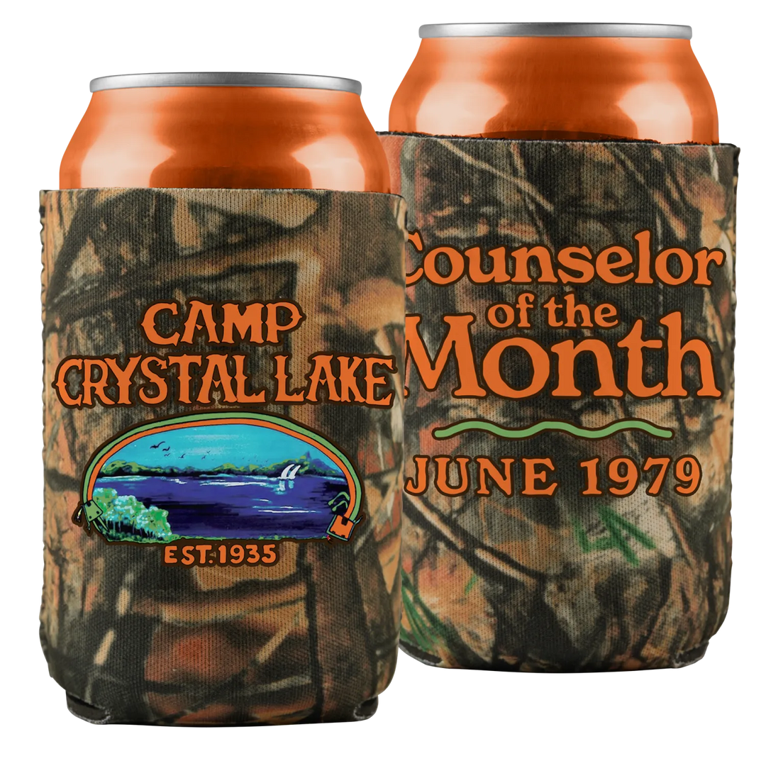 Camouflage-patterned can cooler with orange text and a scenic lake illustration.