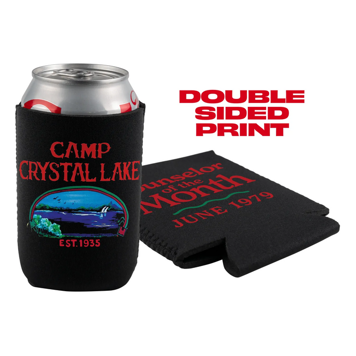 Black can cooler with ’Camp Crystal Lake’ design.