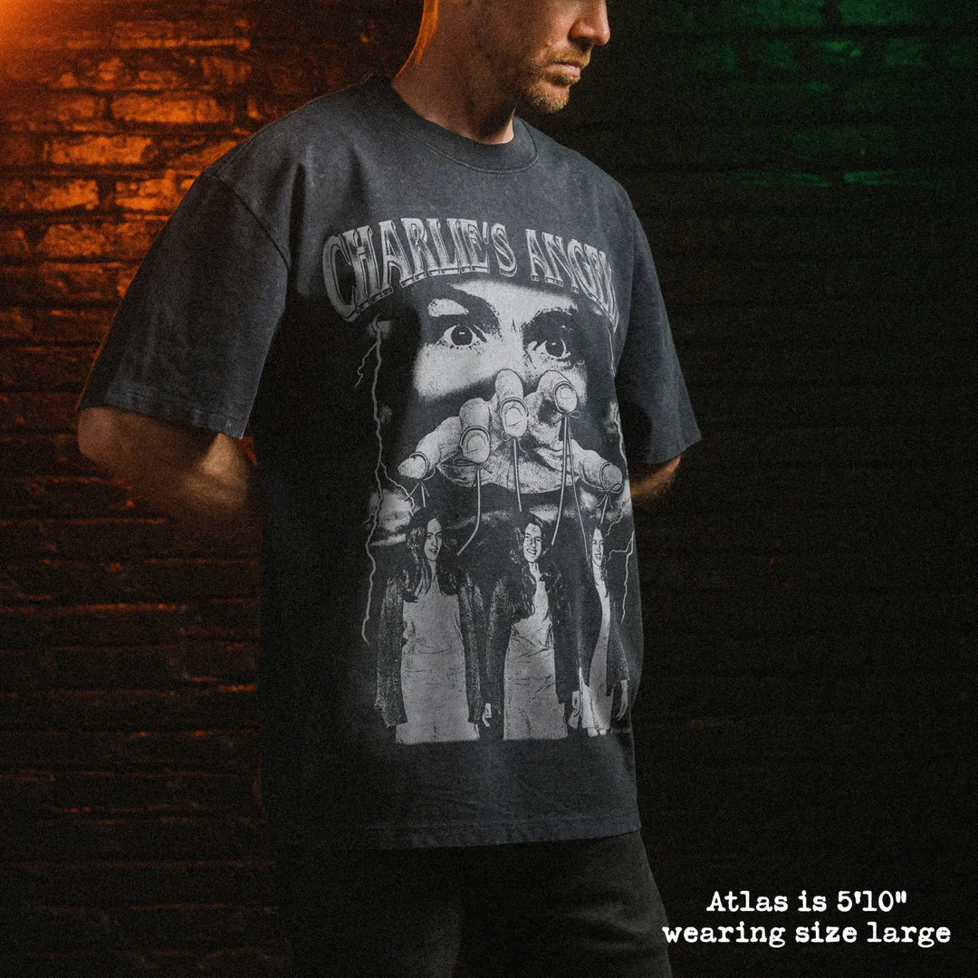 Male model wearing stone wash heavy tee with charlie&