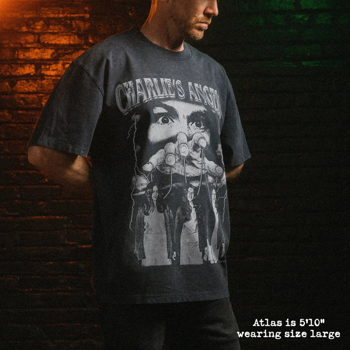 Male model wearing stone wash heavy tee with charlie&