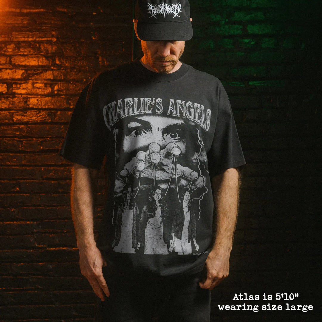 Model wearing heavy tee with charlie&