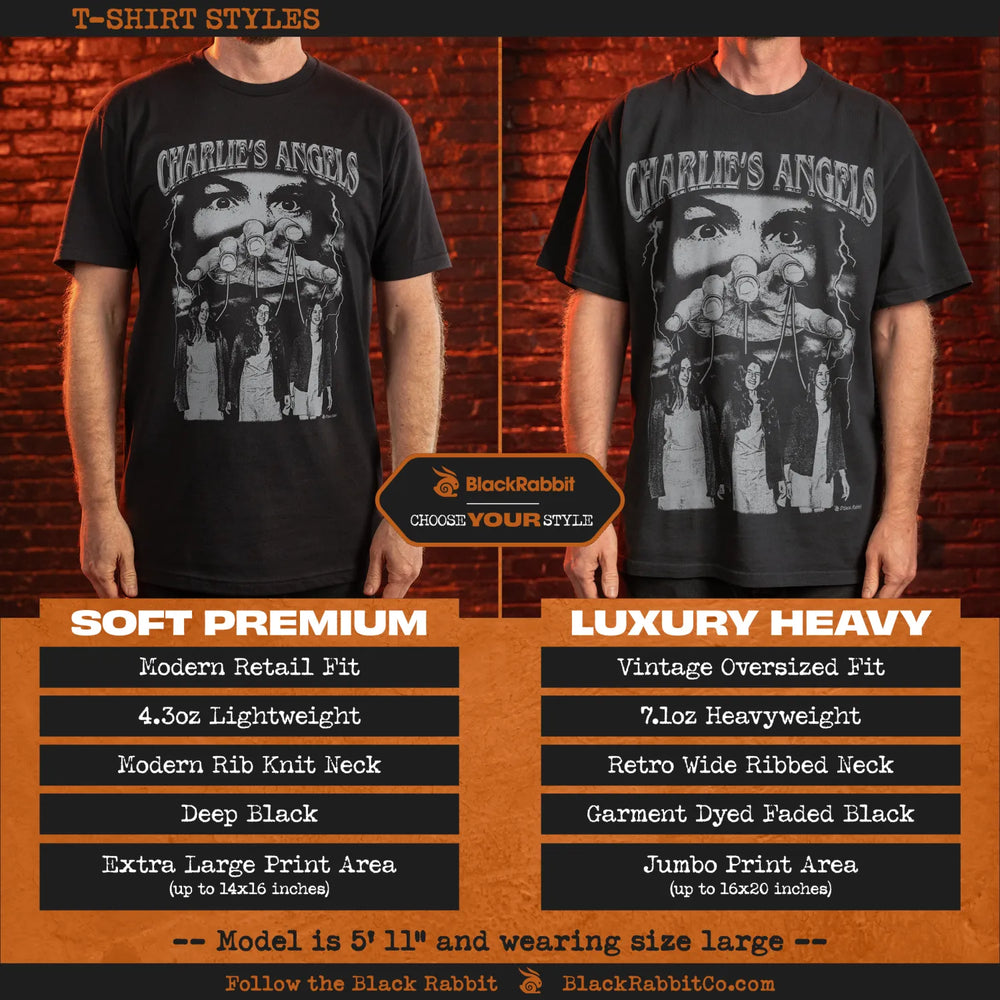 Comparison of two black ’Charlie’s Angels’ t-shirt styles: Soft Premium and Luxury Heavy.
