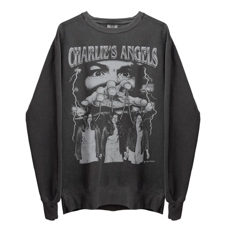 Dark gray crewneck sweatshirt with a black and white graphic print.