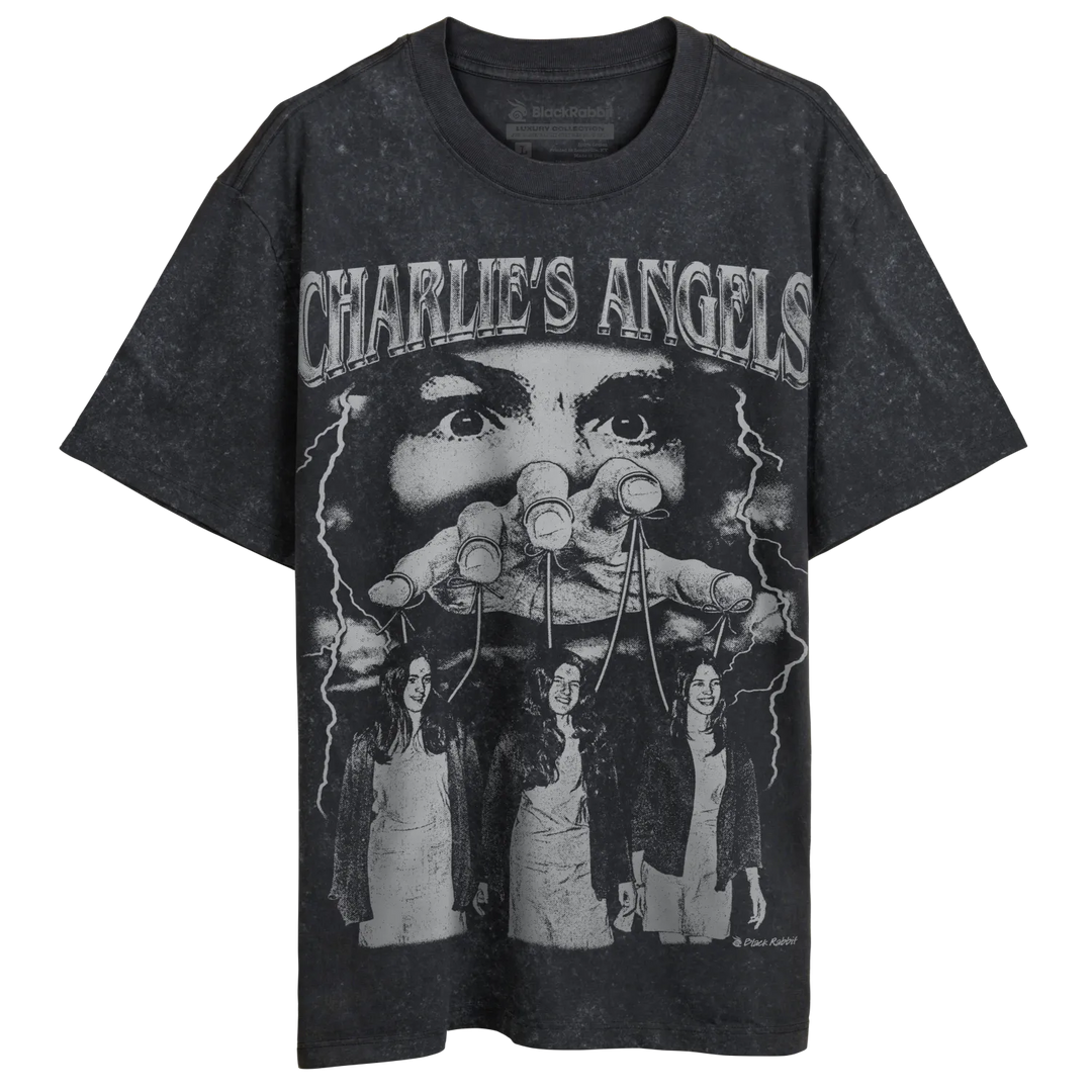Distressed charcoal t-shirt with a vintage ’Charlie’s Angels’ graphic.