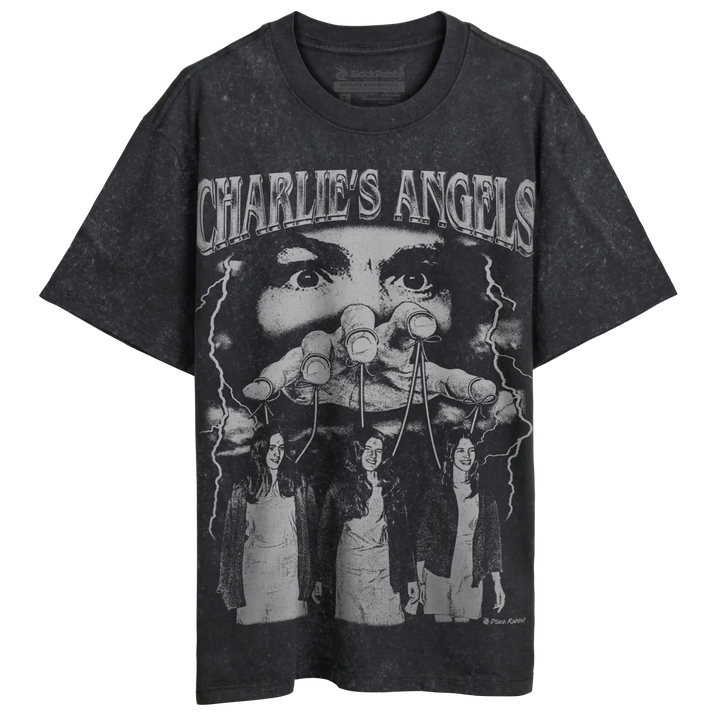Distressed charcoal t-shirt with a vintage ’Charlie’s Angels’ graphic.