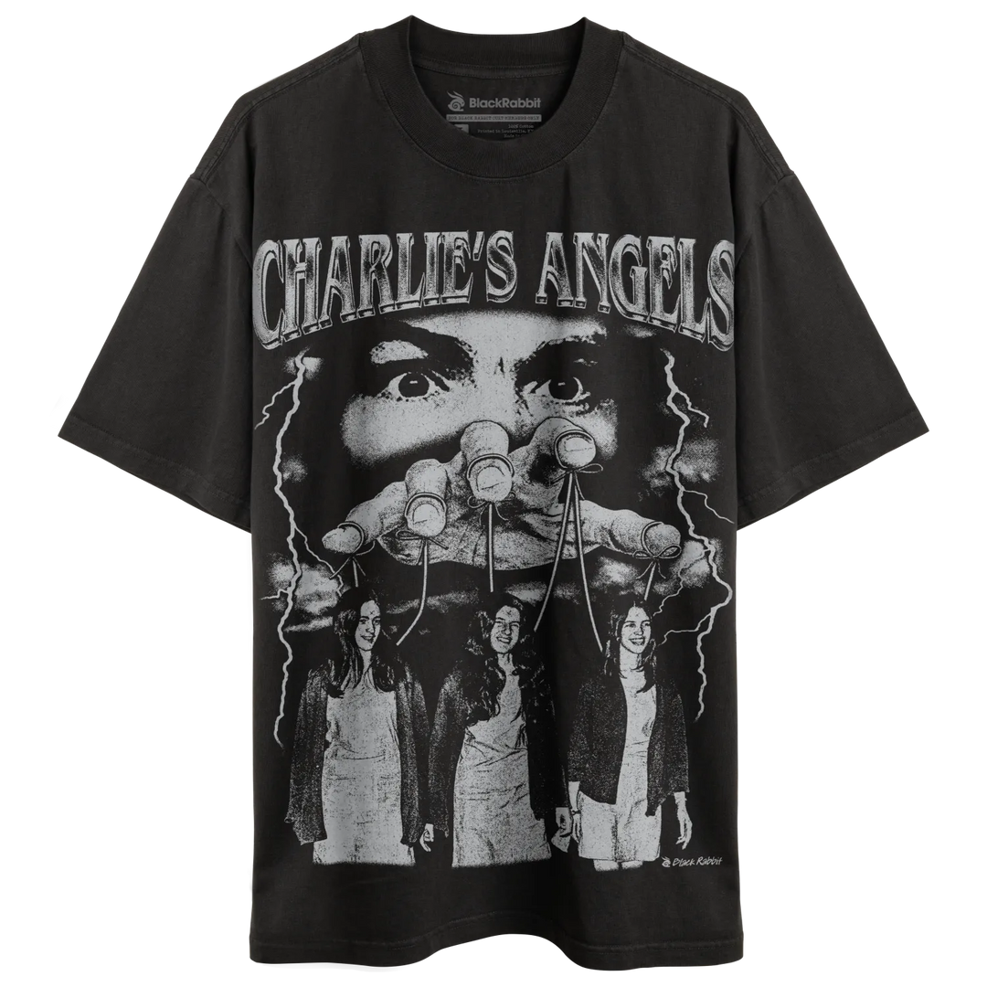 Dark gray crew neck t-shirt with a ’Charlie’s Angels’ graphic design.
