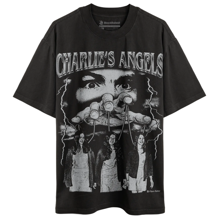 Dark gray crew neck t-shirt with a ’Charlie’s Angels’ graphic design.