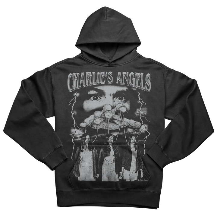 Black hooded sweatshirt with a graphic print of ’Charlie’s Angels’ and three female figures.