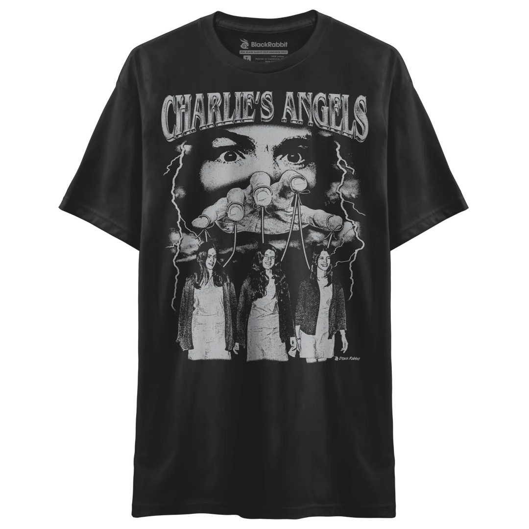 Black short-sleeved t-shirt with a ’Charlie’s Angels’ graphic design.