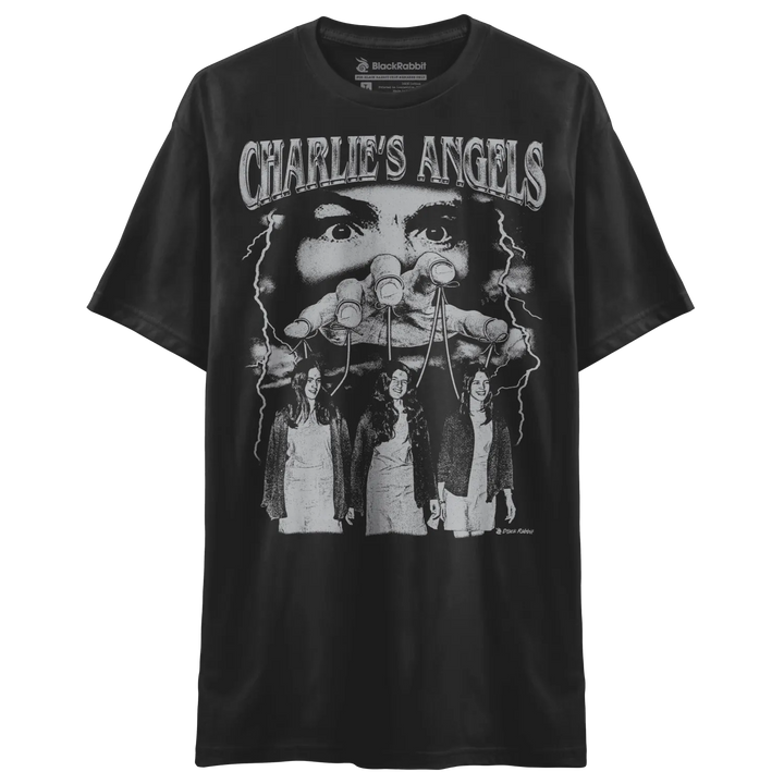 Black short-sleeved t-shirt with a ’Charlie’s Angels’ graphic design.