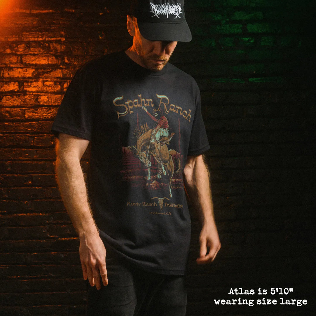 Male model wear soft premium tee with spahn ranch graphic
