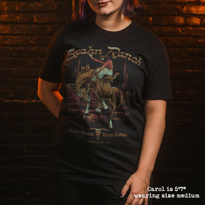 model wear soft premium tee with spahn ranch graphic
