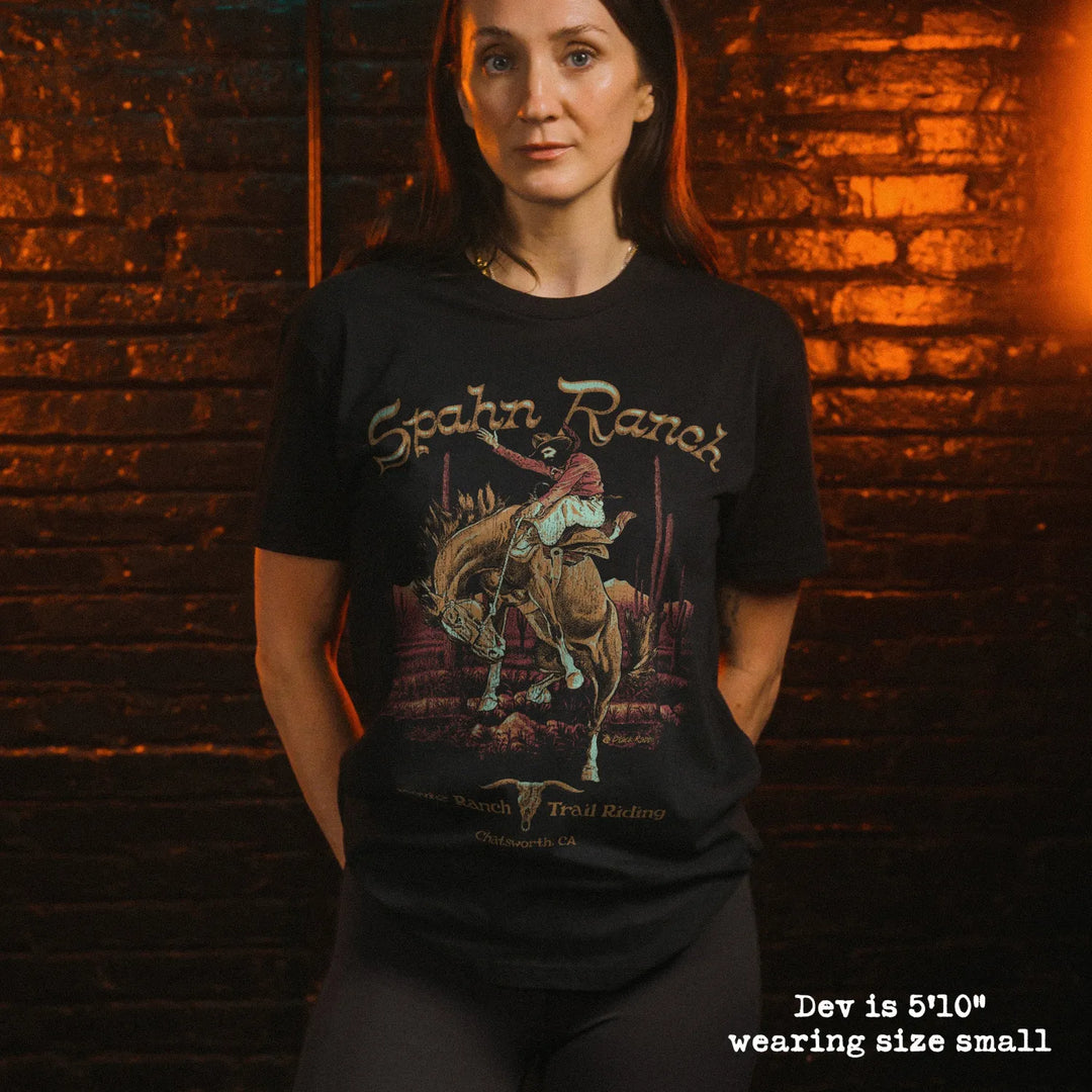 model wear soft premium tee with spahn ranch graphic
