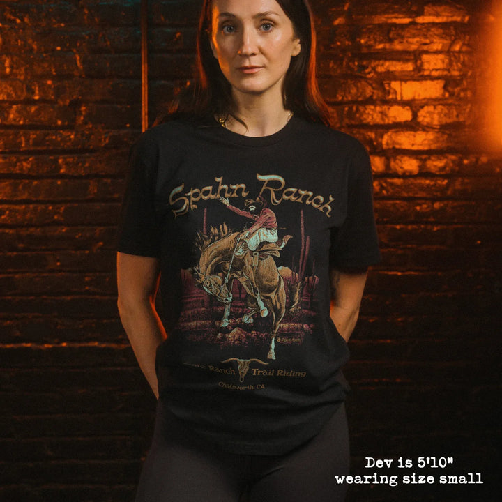 model wear soft premium tee with spahn ranch graphic

