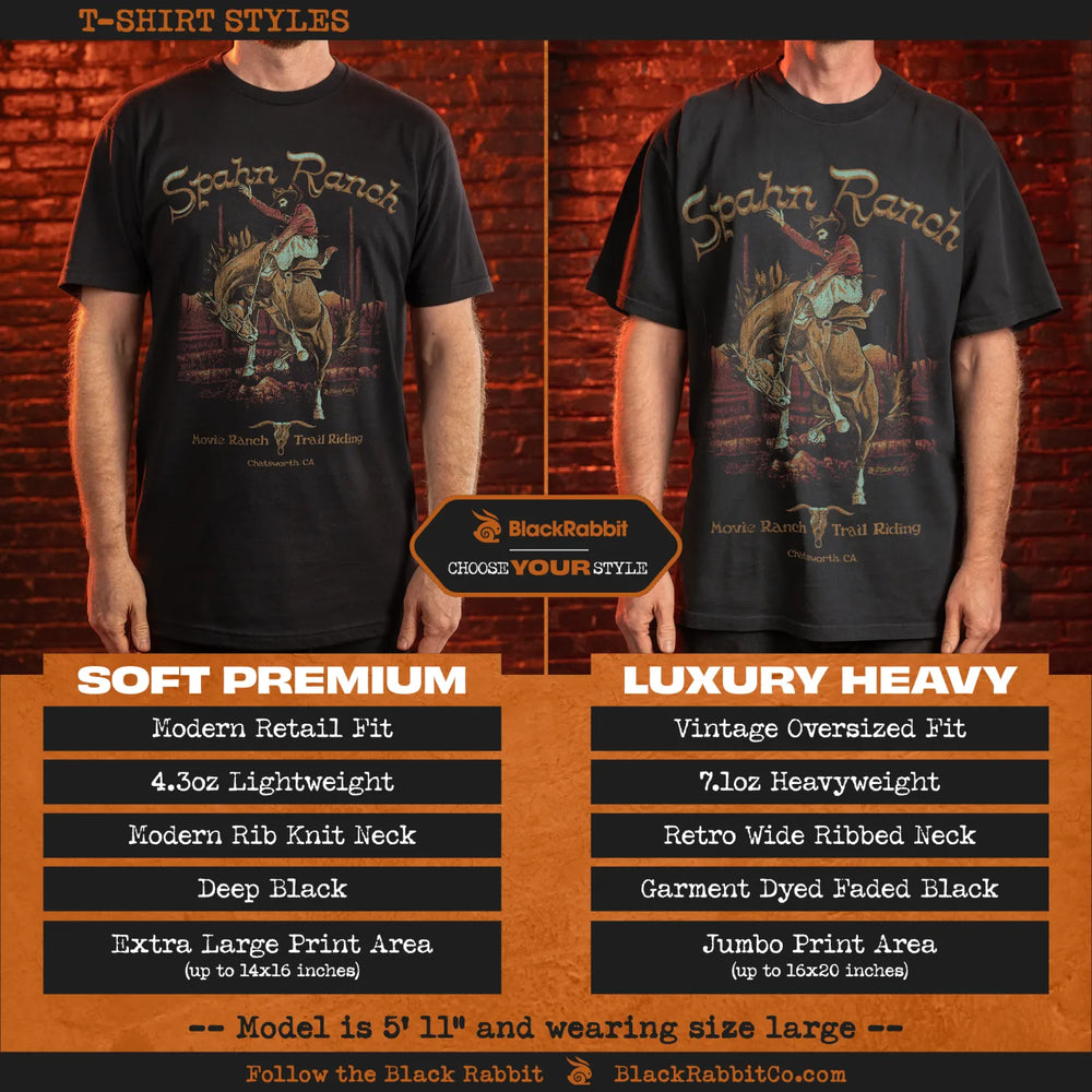 Two different styles of black graphic t-shirts.