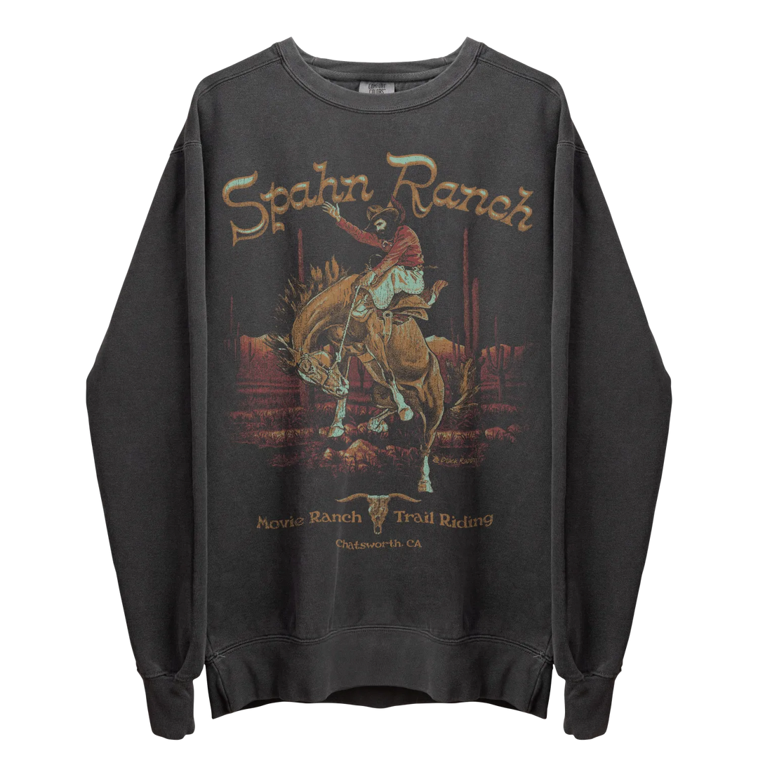 Dark gray long-sleeve sweatshirt with a ’Spahn Ranch’ graphic featuring a cowboy on a bucking horse.
