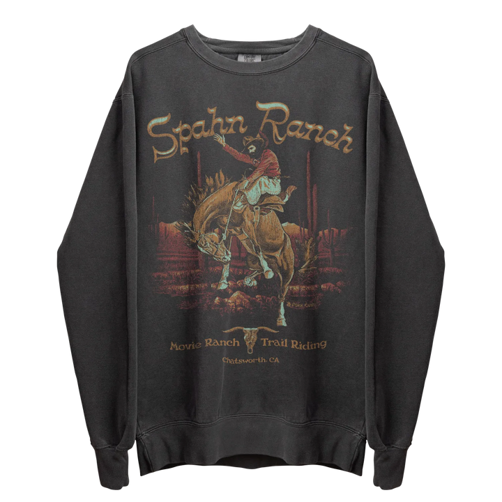 Dark gray long-sleeve sweatshirt with a ’Spahn Ranch’ graphic featuring a cowboy on a bucking horse.
