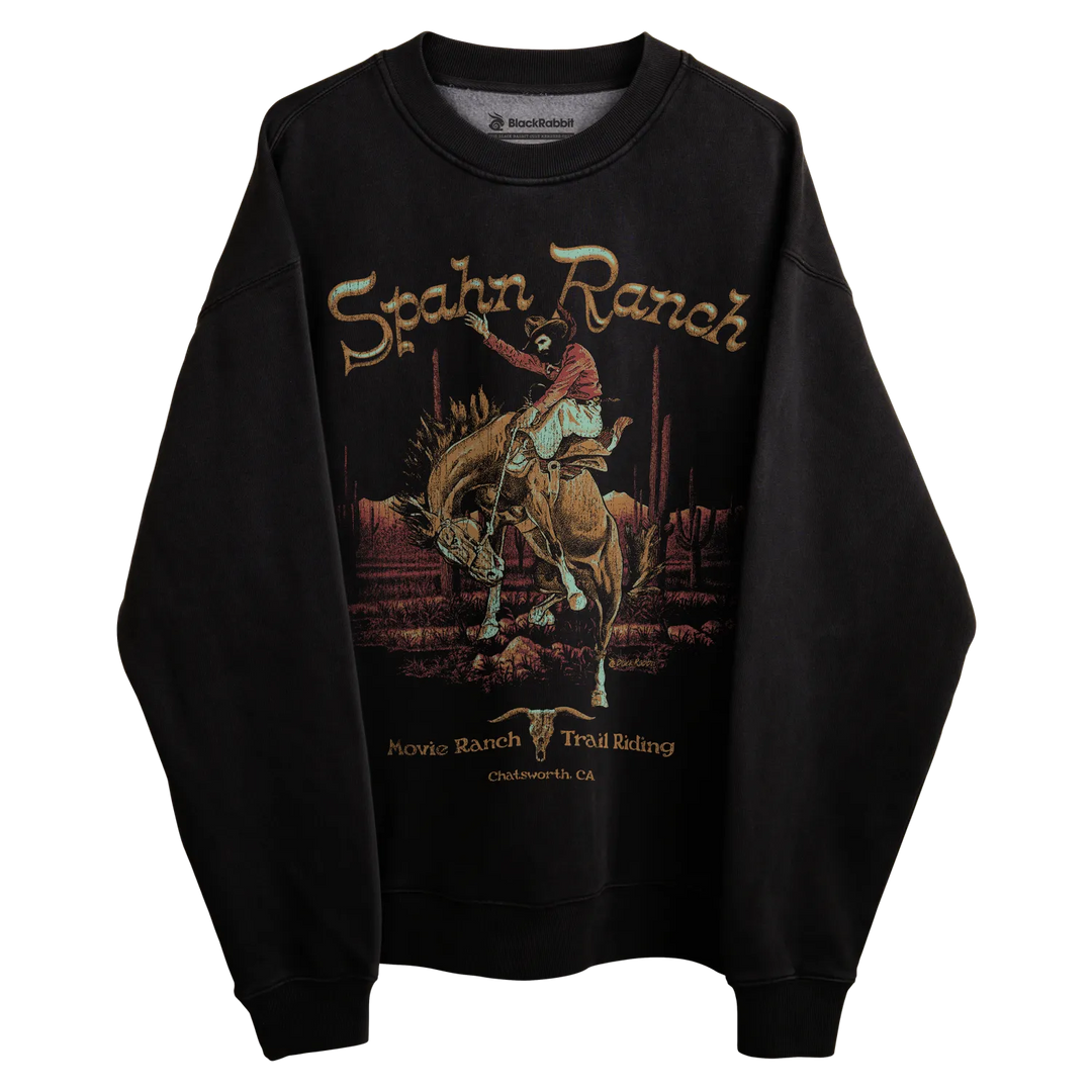 Black sweatshirt with rodeo design and ’spahn ranch’ text.