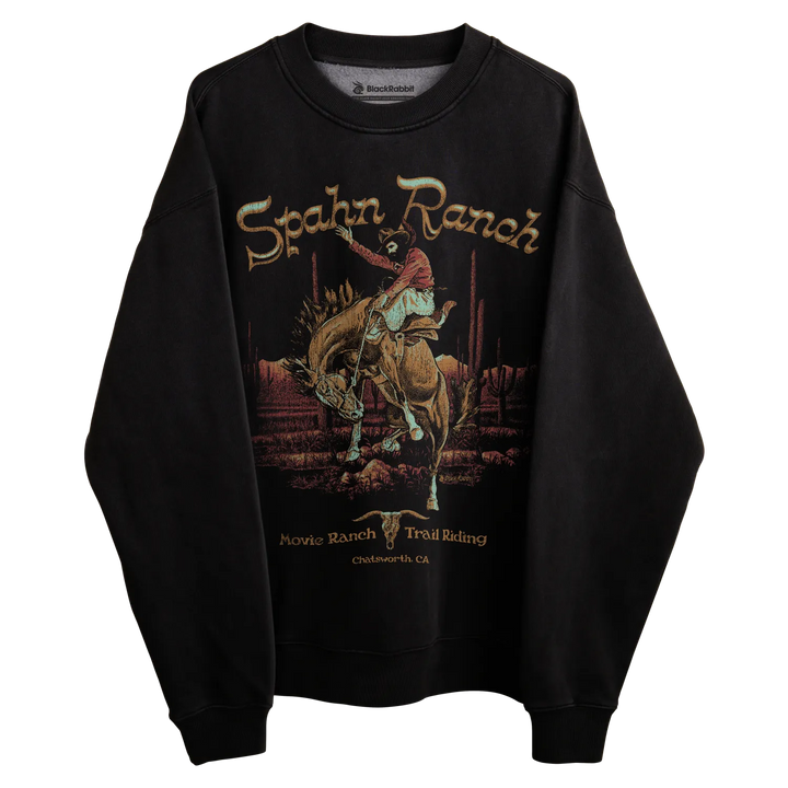 Black sweatshirt with rodeo design and ’spahn ranch’ text.