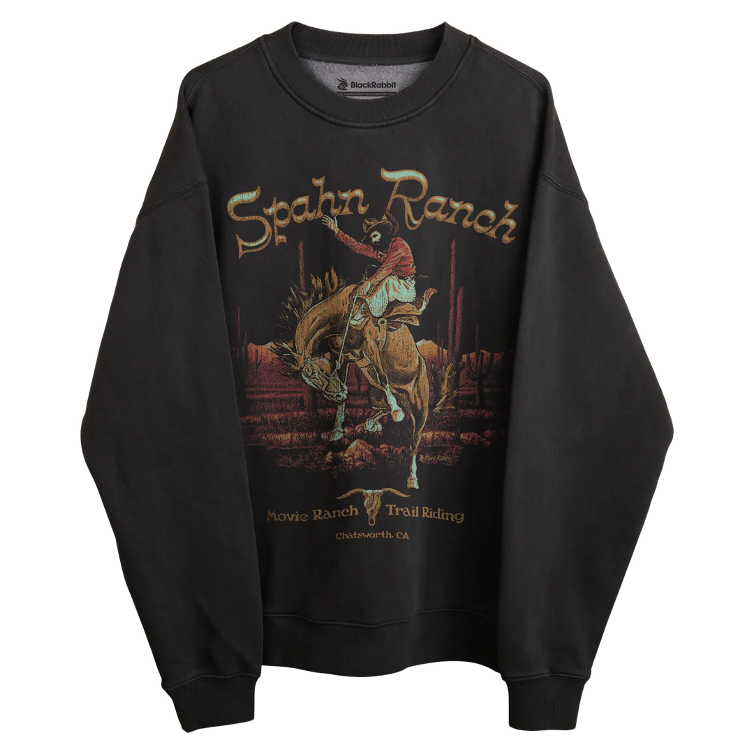 Black sweatshirt with ’spahn ranch’ and horse rider design