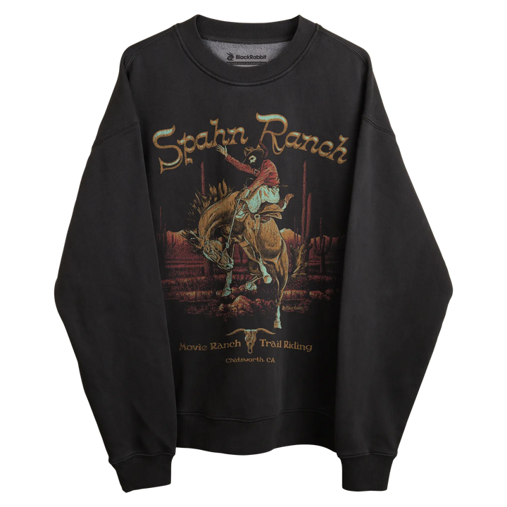Black sweatshirt with ’spahn ranch’ and horse rider design
