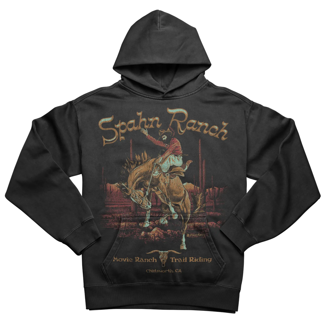 Black hoodie with a cowboy riding a bucking horse graphic.