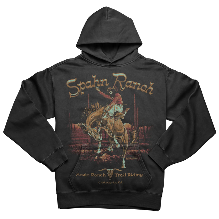 Black hoodie with a cowboy riding a bucking horse graphic.