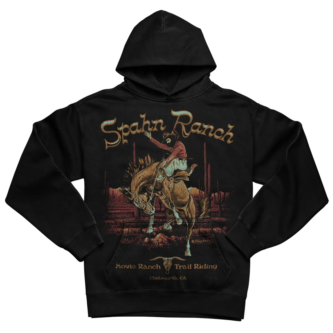 Black hooded sweatshirt with spahn ranch design featuring a cowboy on horseback.