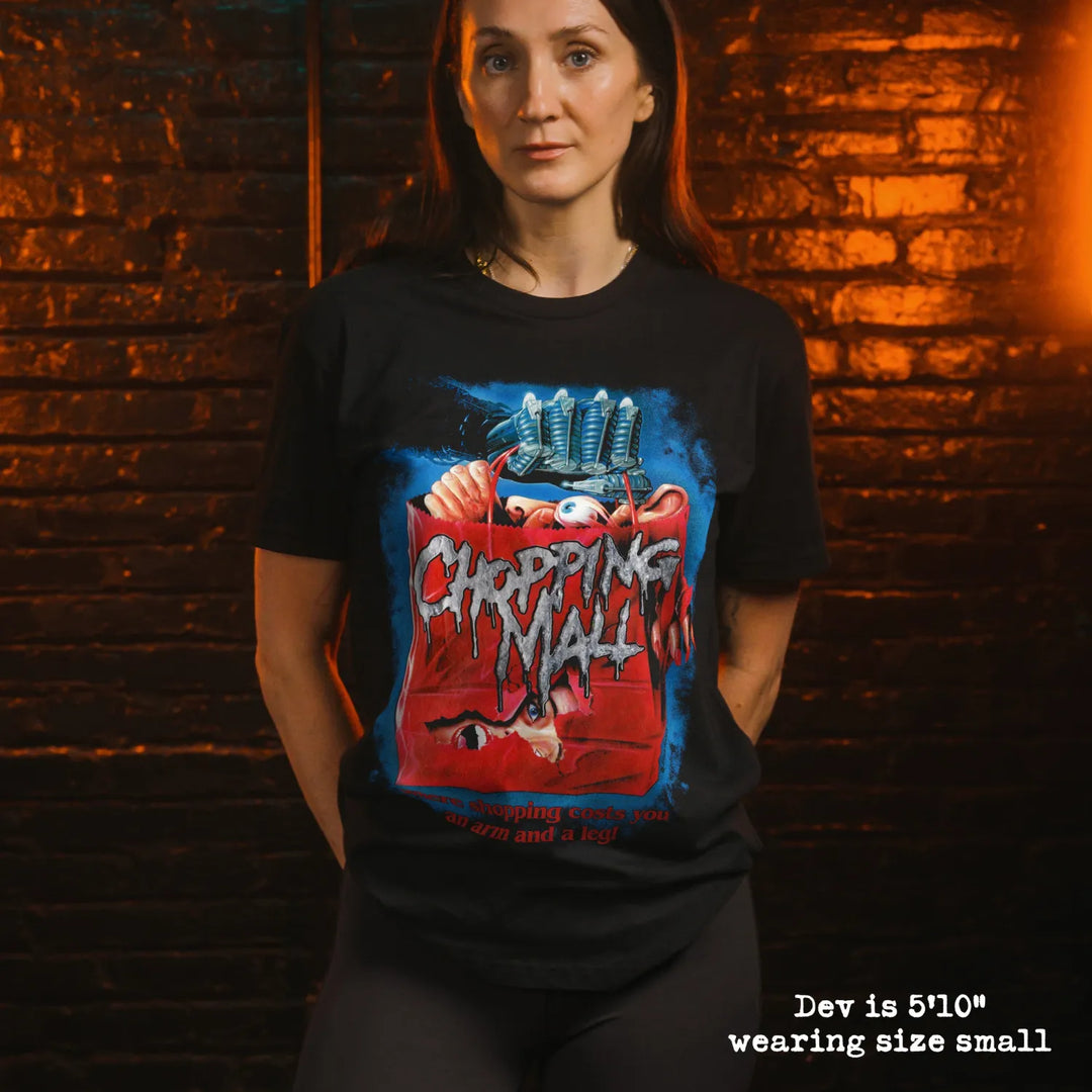 Model wearing black premium tee with chopping mall graphic 