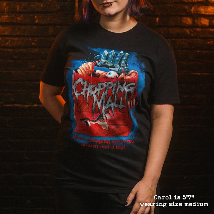 Model wearing black premium tee with chopping mall graphic 