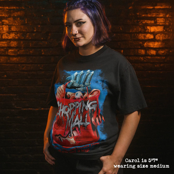 Model wearing heavy tee with chopping mall graphic 