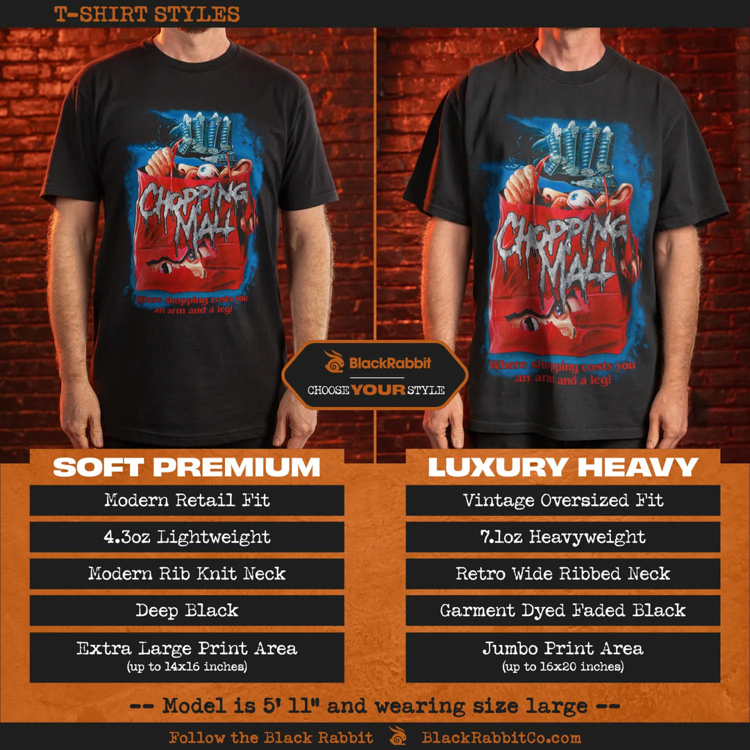 Two black ’Chopping Mall’ graphic t-shirts, one soft premium and one luxury heavy.
