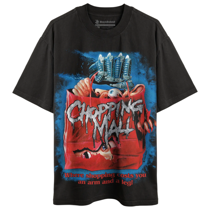Black short-sleeved t-shirt with a horror-themed graphic print.
