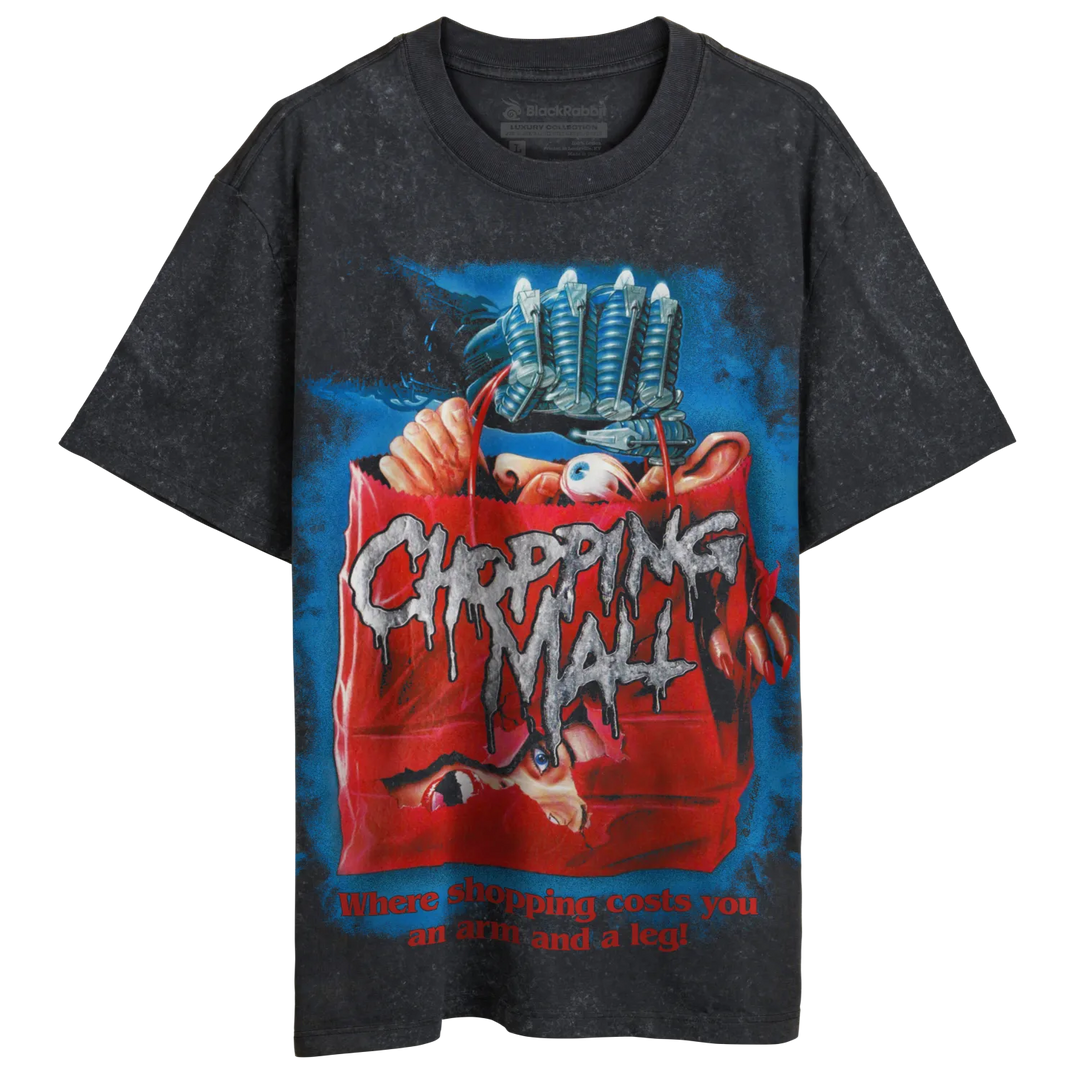 A dark gray t-shirt featuring a vivid, horror-themed graphic of a red shopping bag with ’CHOPPING MALL’ in dripping letters.