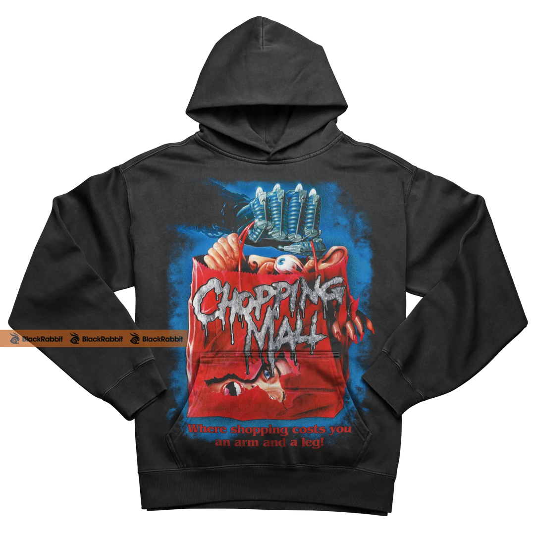 Black hoodie with ’Chopping Mall’ graphic.